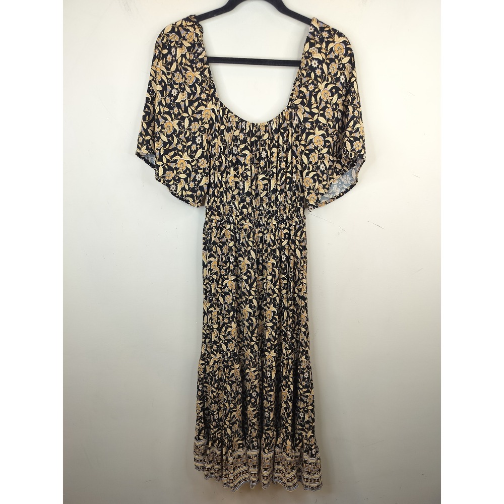Rip Curl Maxi Dress Floral Smocked Tiered Boho Flutter Sleeve Small Women's